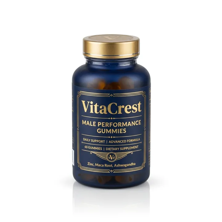 Bottle of VitaCrest Male Performance Gummies with navy label and gold cap