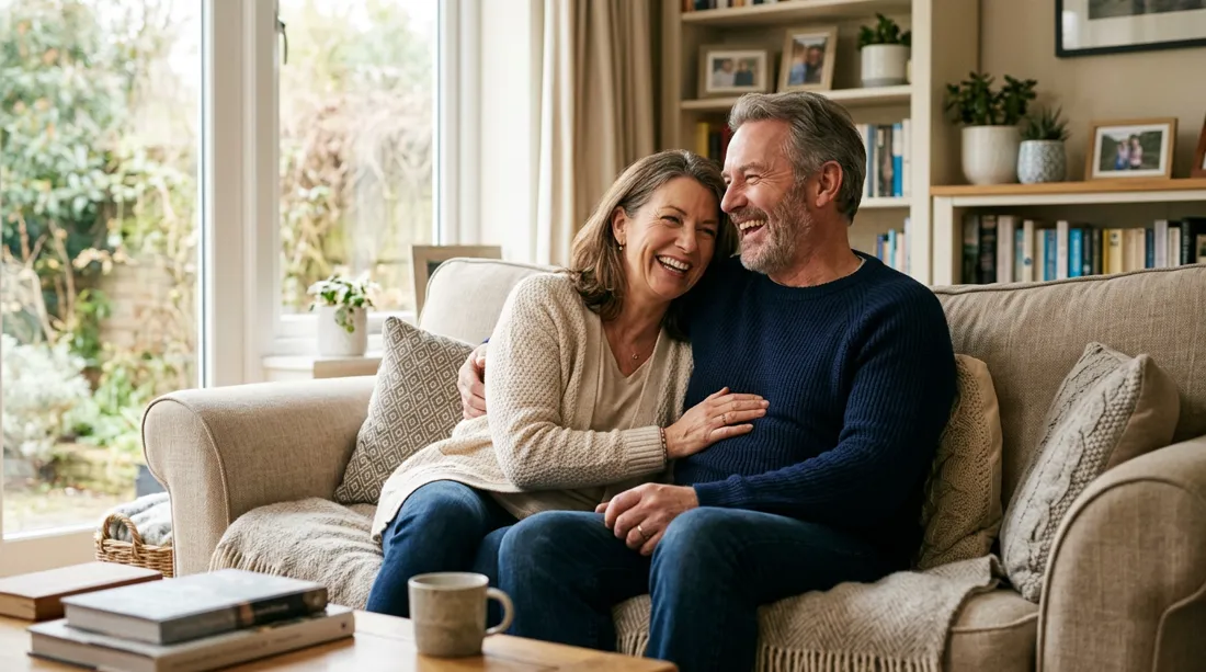 Happy middle-aged couple laughing together on a sofa at home
