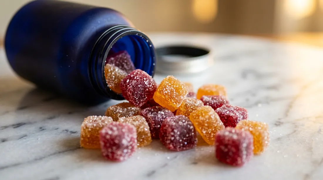 Close-up of red and amber VitaCrest gummies spilling from a navy bottle