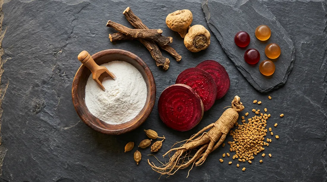 Flat lay of natural ingredients: L-arginine powder, tongkat ali, maca root, beetroot, ginseng and fenugreek