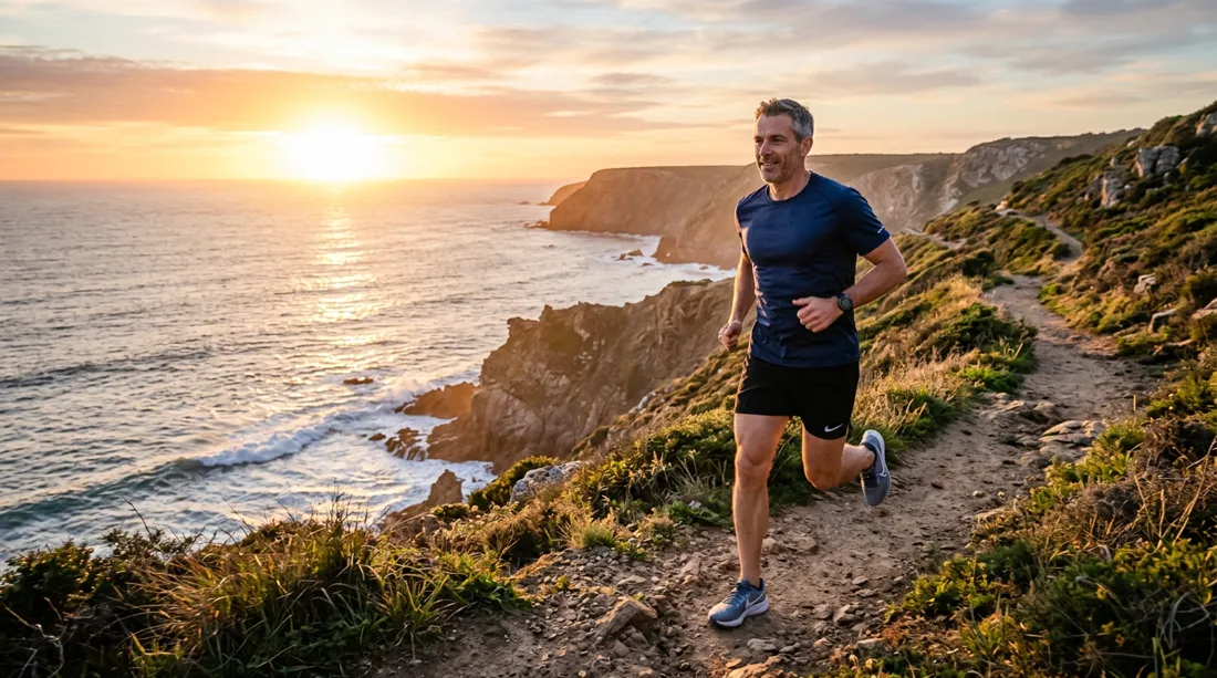 Fit man in his 40s jogging along the coast at sunrise